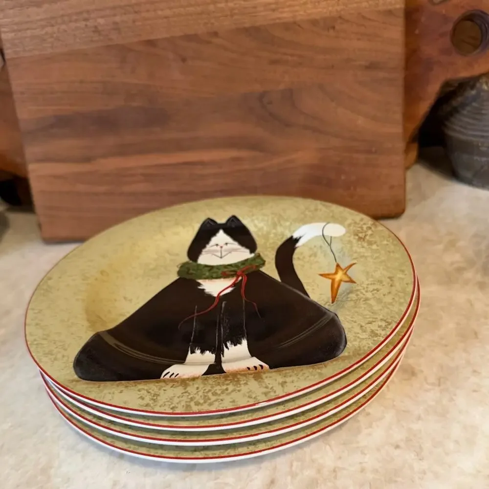 Sakura Fidlestix Christmas Cat-Themed Decorative Plates x4